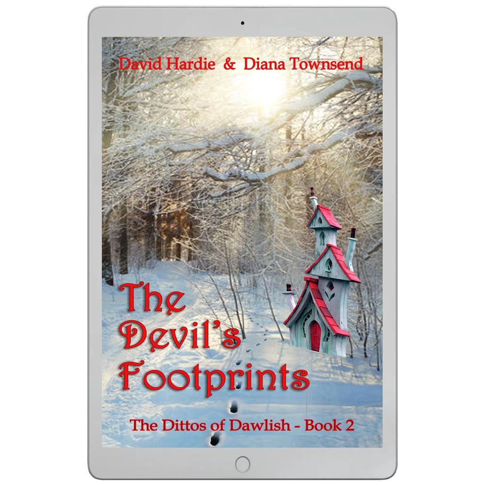 The cover of the fantasy adventure children’s book, The Devil’s Footprints, shows a mysterious set of tracks in a snowy woodland scene.