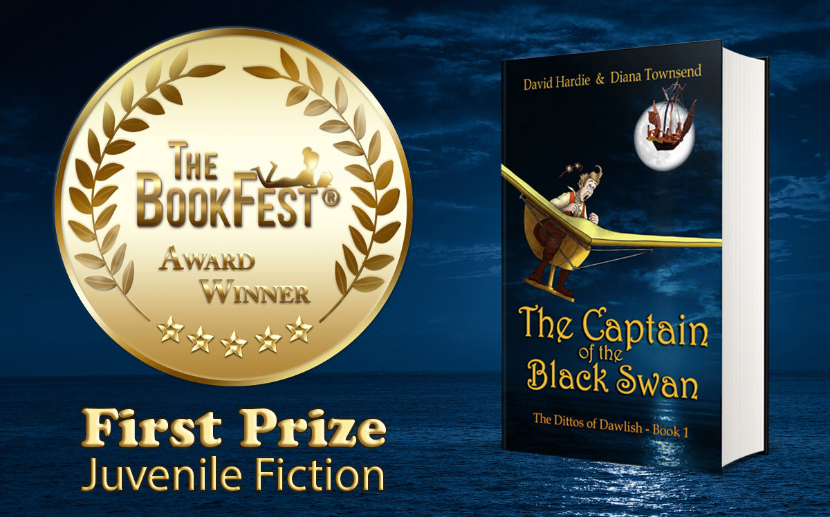 The image shows the Bookfest Award for Best Juvenile Fiction beside the prizewinning novel The Captain of the Black Swan.