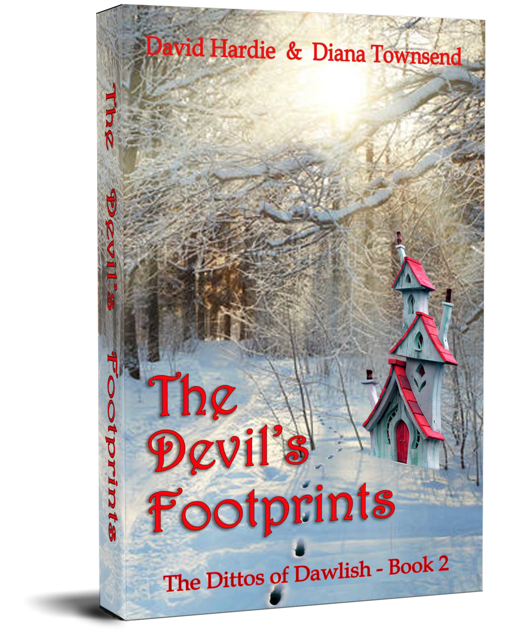 The cover of the fantasy adventure children’s book, The Devil’s Footprints, shows a mysterious set of tracks in a snowy woodland scene.