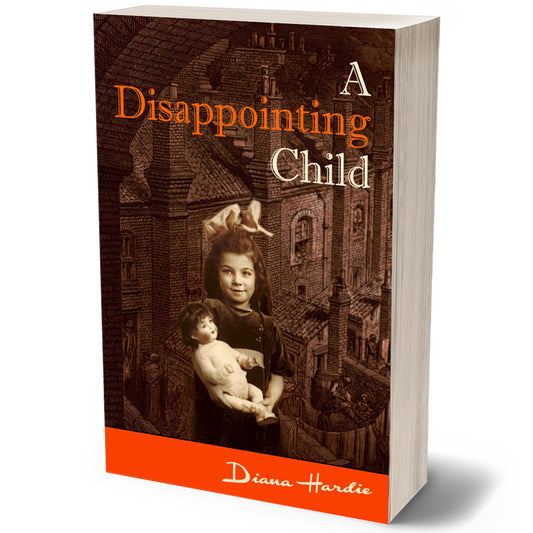 The cover of this remarkable memoir shows the author as a young girl posing with her doll in front of a scene of London slums. 