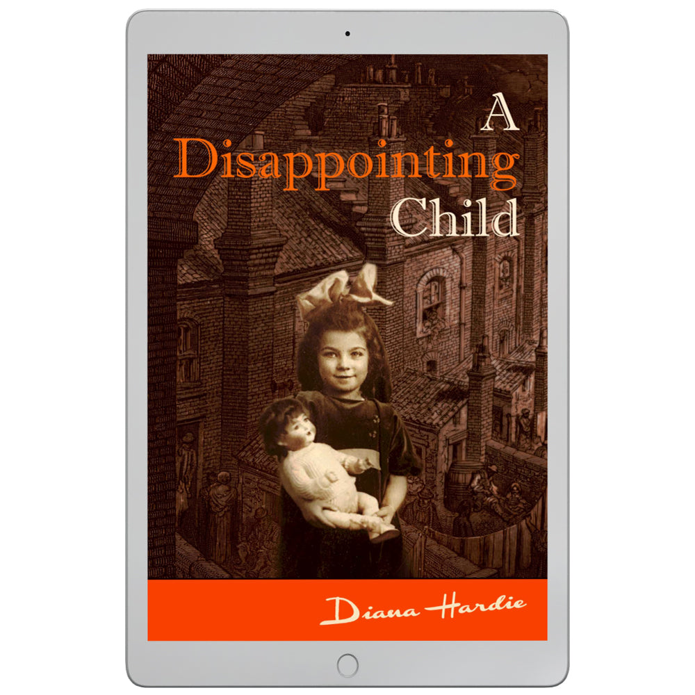  The cover of this remarkable memoir shows the author as a young girl posing with her doll in front of a scene of London slums. 