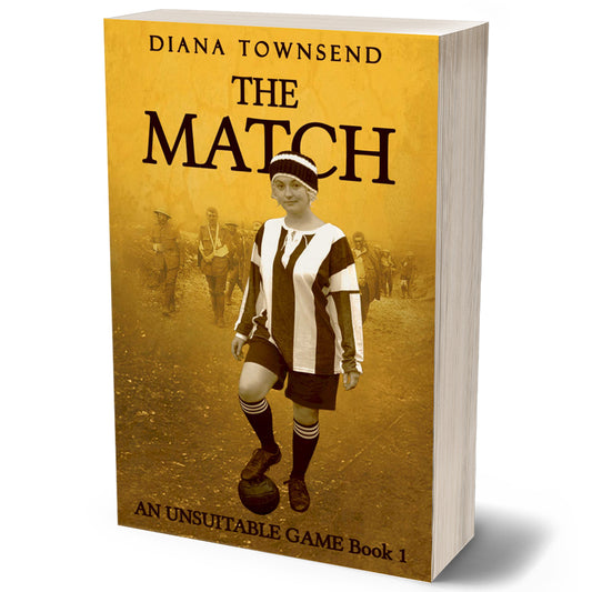 The cover of this engrossing historical novel shows a young woman in long shorts and a heavy shirt standing with a football while the shadows of injured soldiers pass behind her.